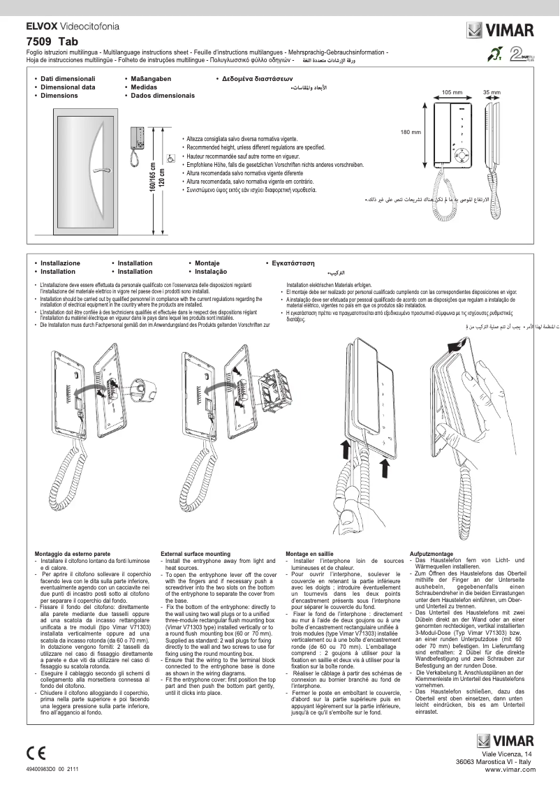 Page 1 of the manual Instructions / Assembly Vimar ELVOX 7509