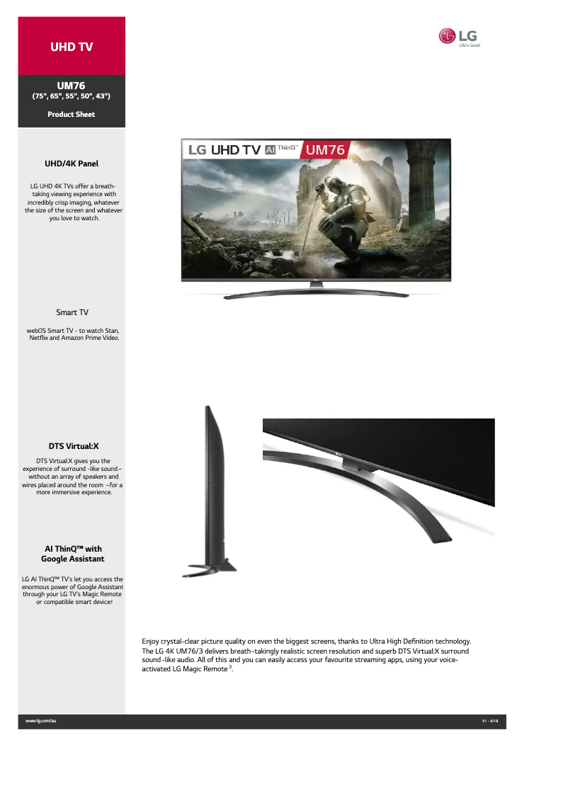 Page 1 of the manual Technical Sheet LG 50UM7600PTA