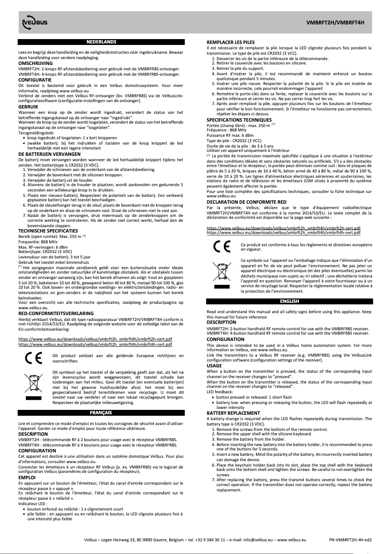 Page 1 of the manual User Manual Velbus VMBRFT2H