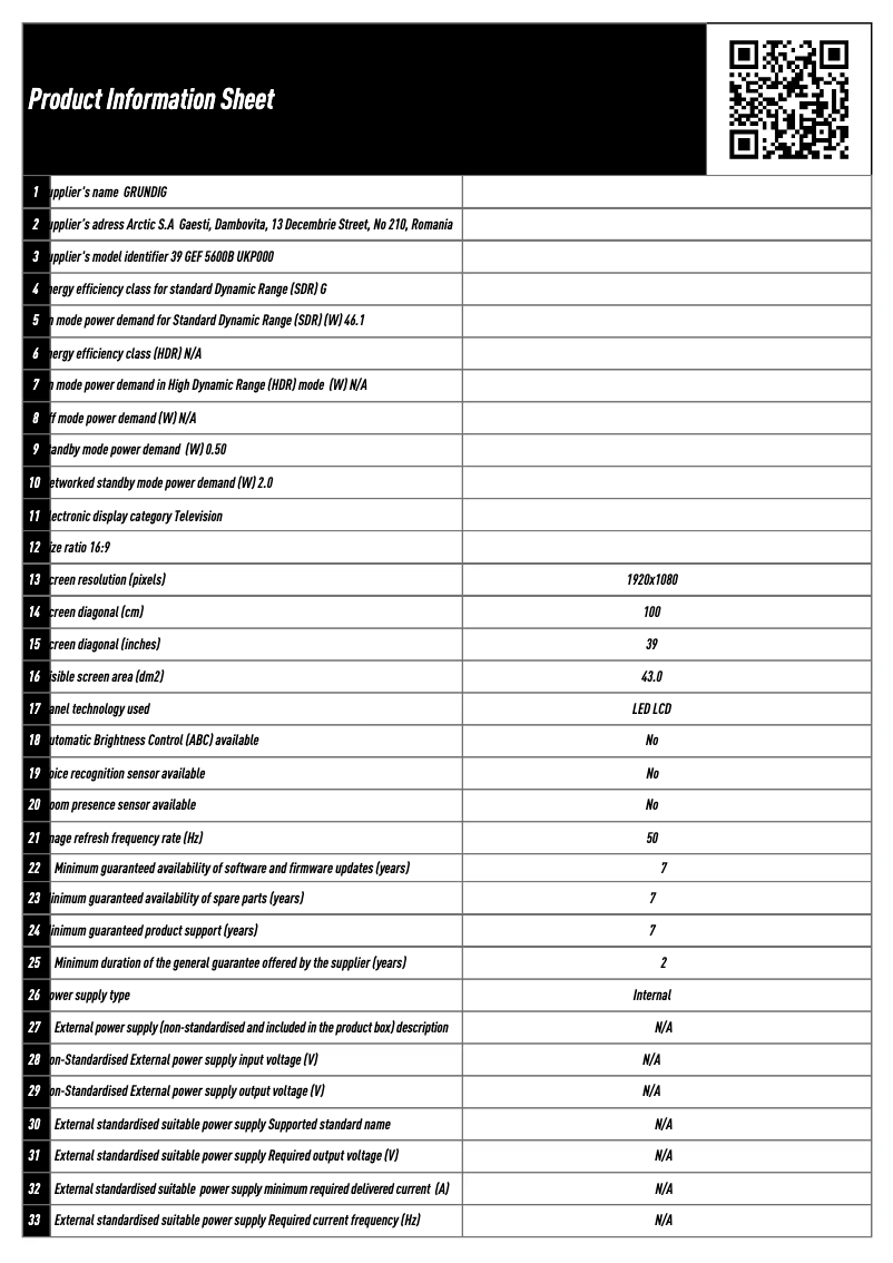 Page 1 of the manual Technical Sheet Grundig 39 GEF 5600B