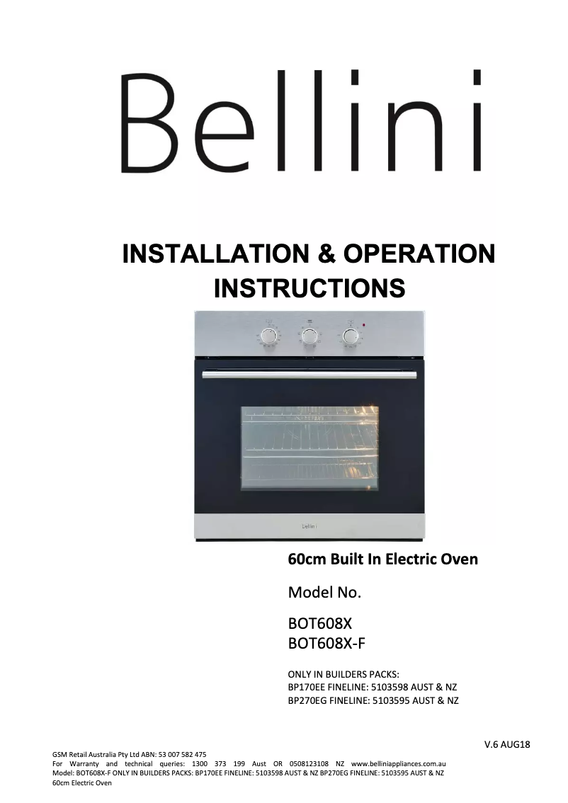 First page image of the manual for BOT608X-F