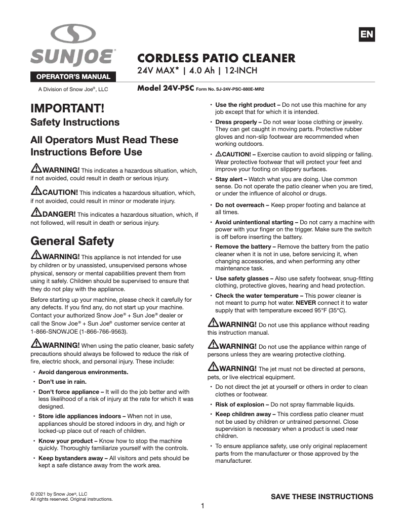Page 1 of the manual User Manual Sun Joe 24V-PSC