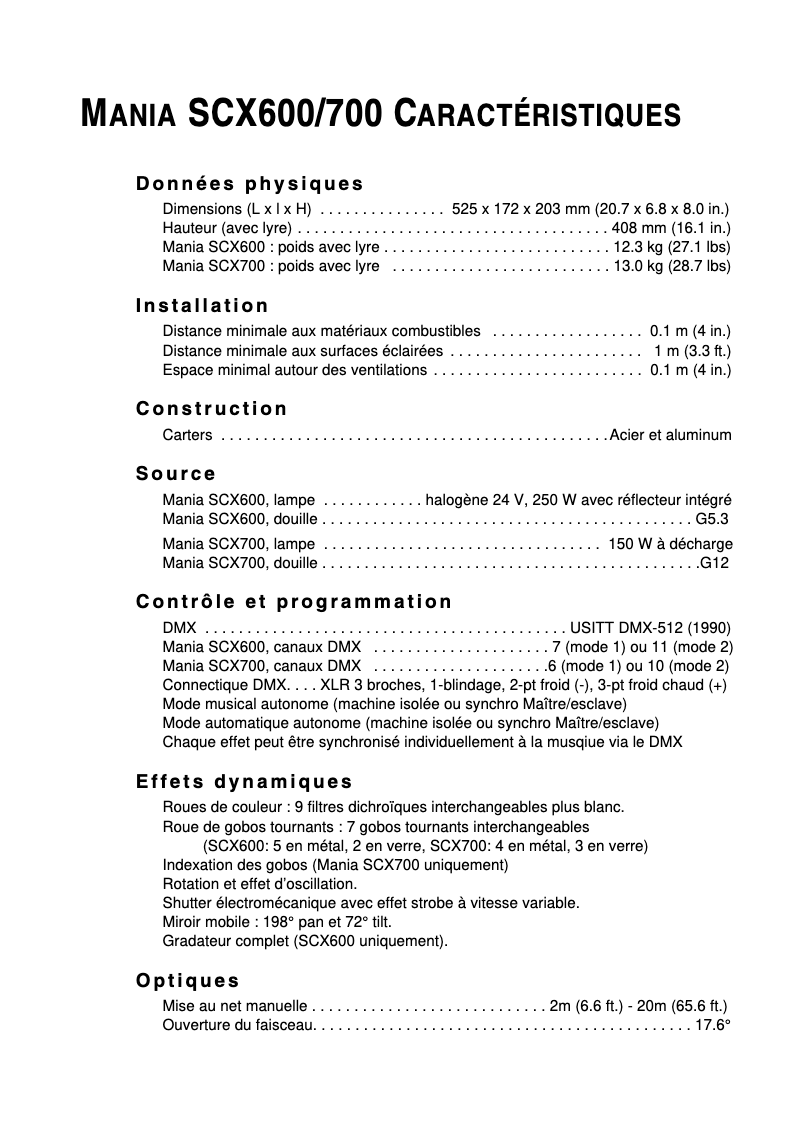 Page 1 of the manual Technical Sheet Martin Mania SCX700