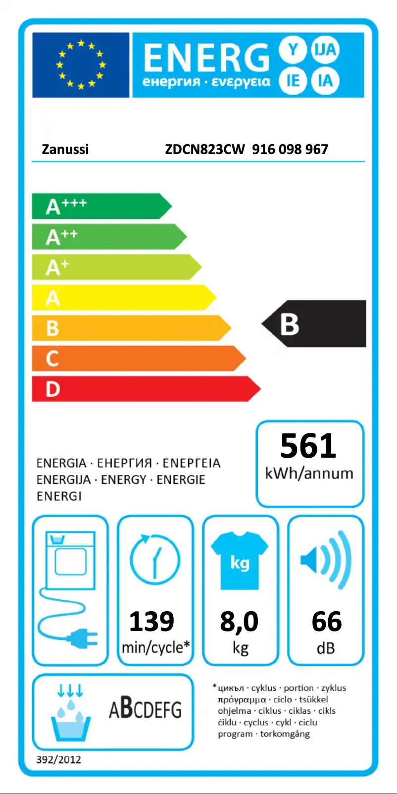 Page 1 of the manual Energy Label Zanussi ZDCN823CW