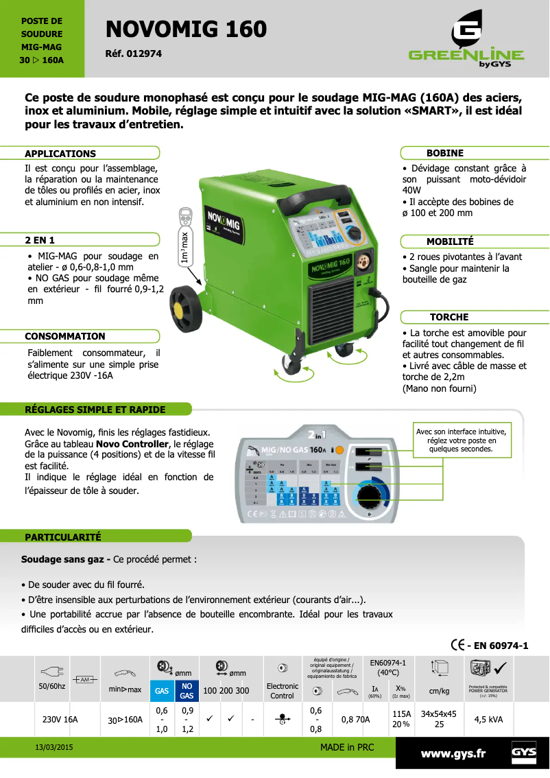Page 1 of the manual Technical Sheet GYS Novomig 160