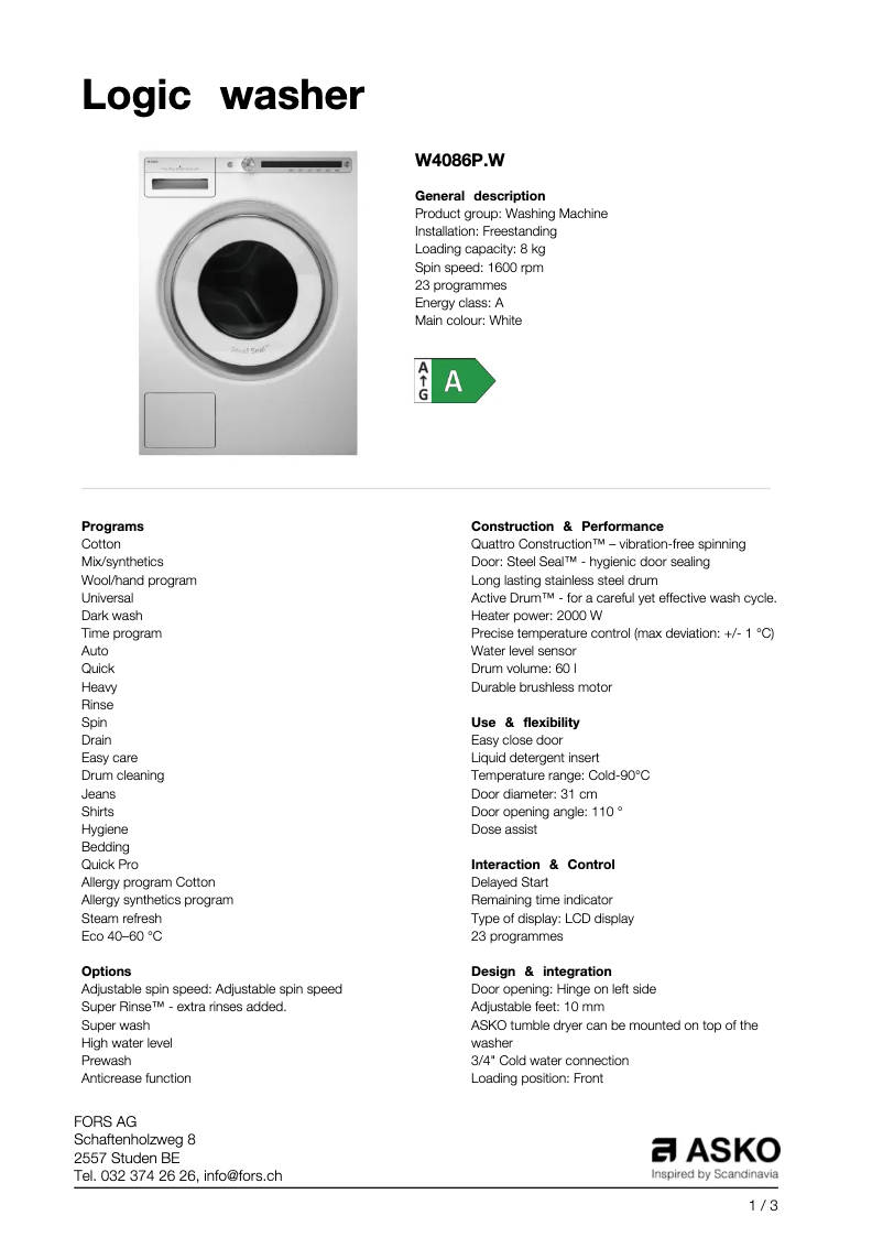 Page 1 of the manual Technical Sheet Asko W4086PW