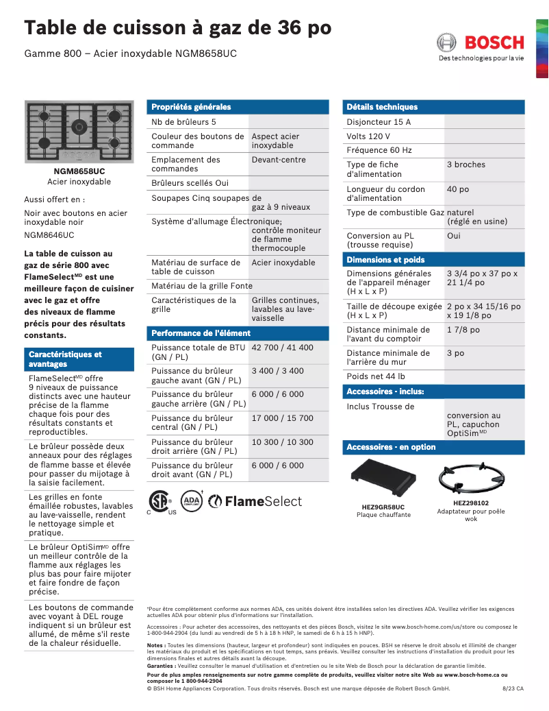 Page 1 of the manual Technical Sheet Bosch NGM8658UC