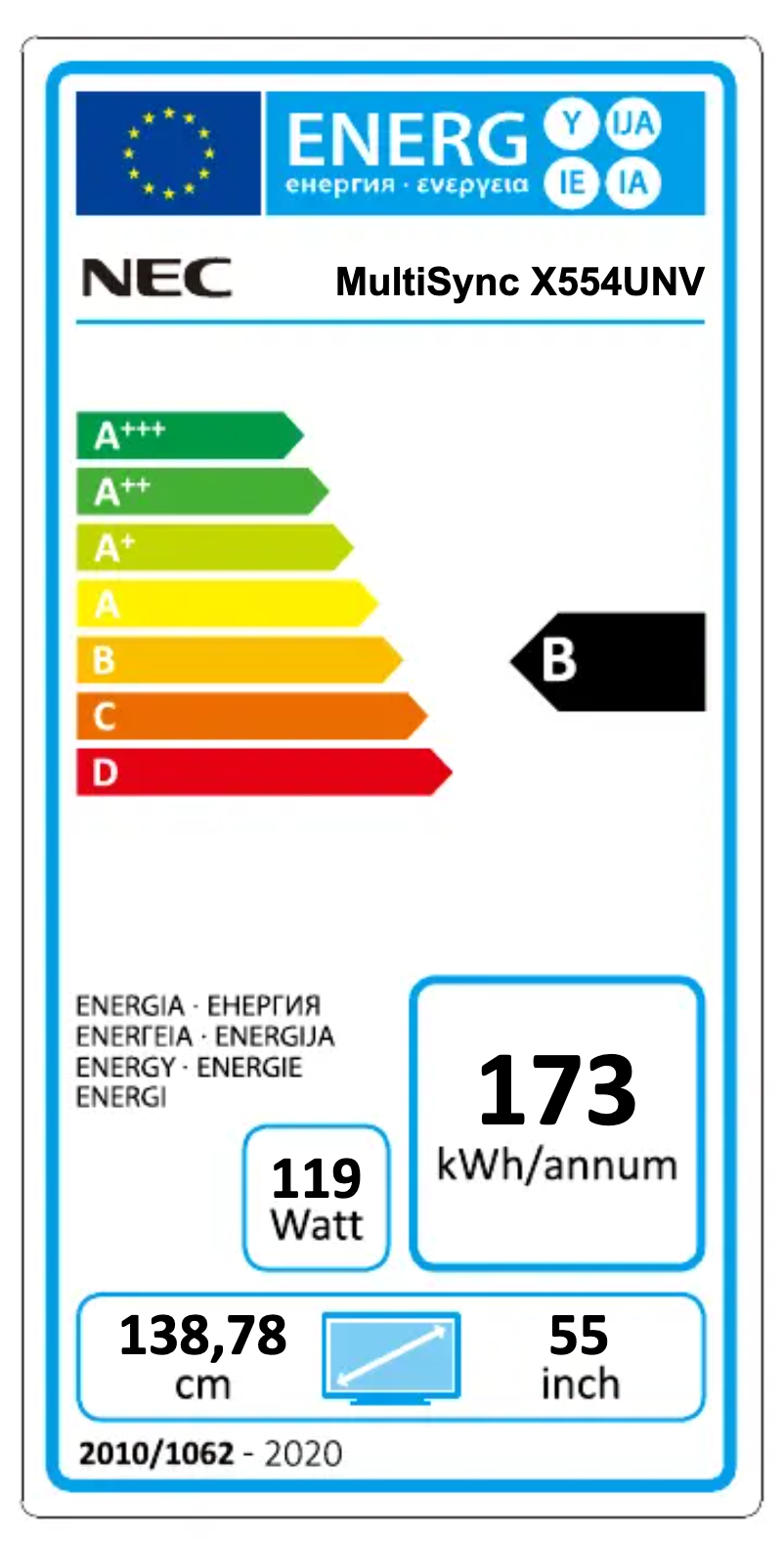 Page 1 of the manual Energy Label NEC MultiSync X554UNV