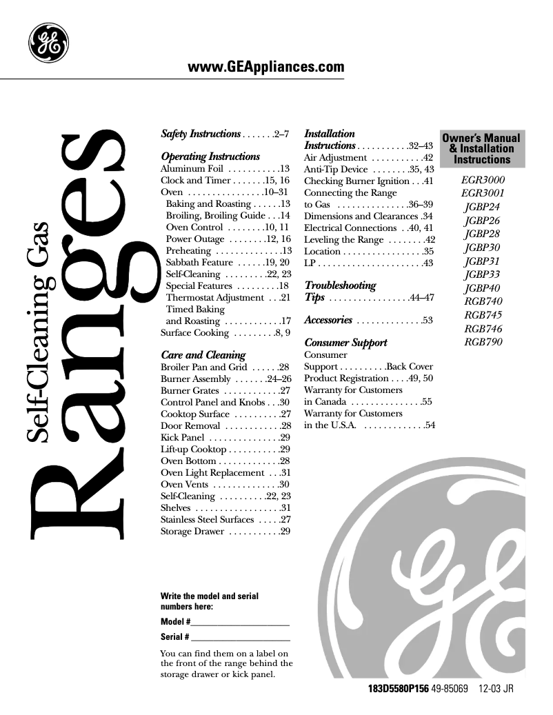 Page 1 of the manual User Manual GE JGBP40BEHWH