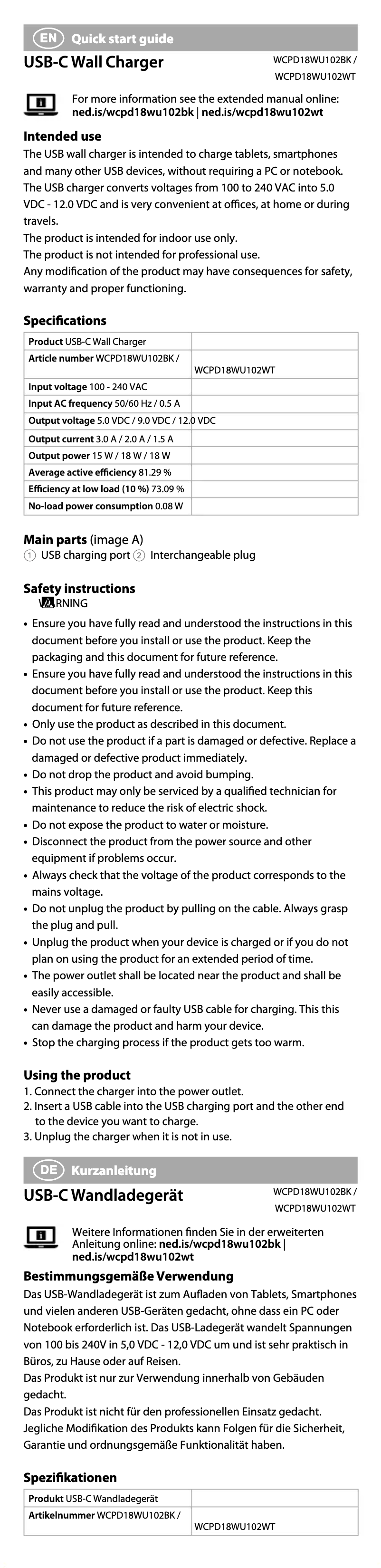 Page 1 of the manual User Manual Nedis WCPD18WU102BK