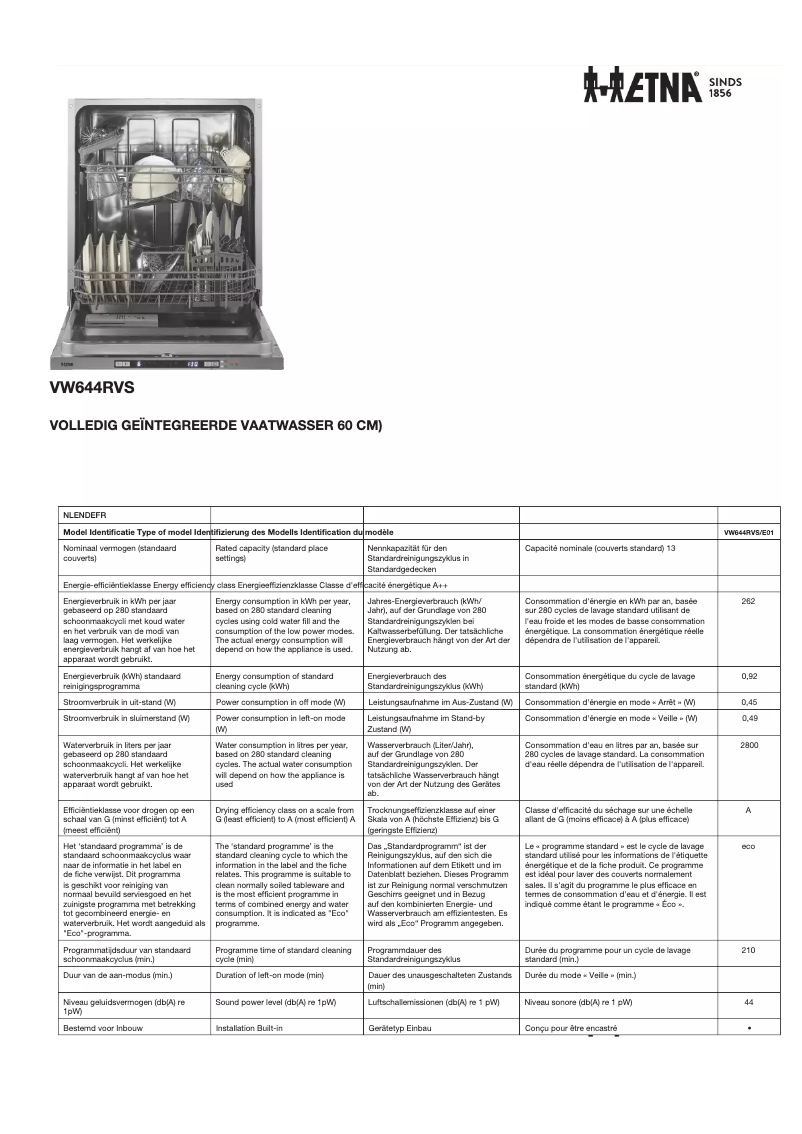 Page 1 of the manual Technical Sheet Etna VW644RVS
