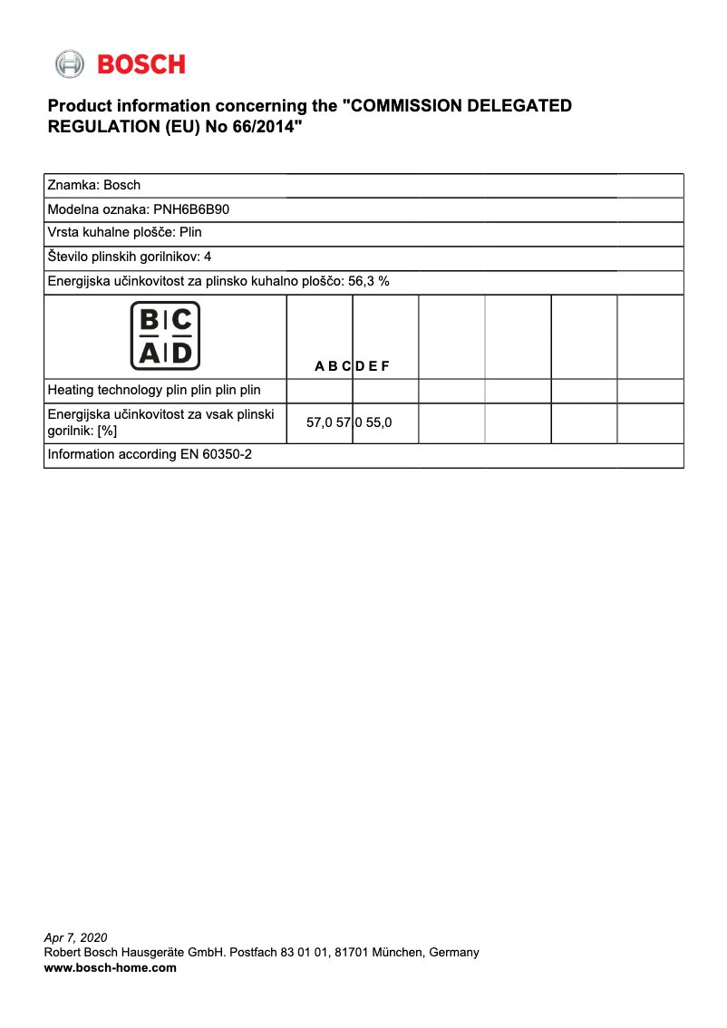 Page 1 of the manual Technical Sheet Bosch PNH6B6B90