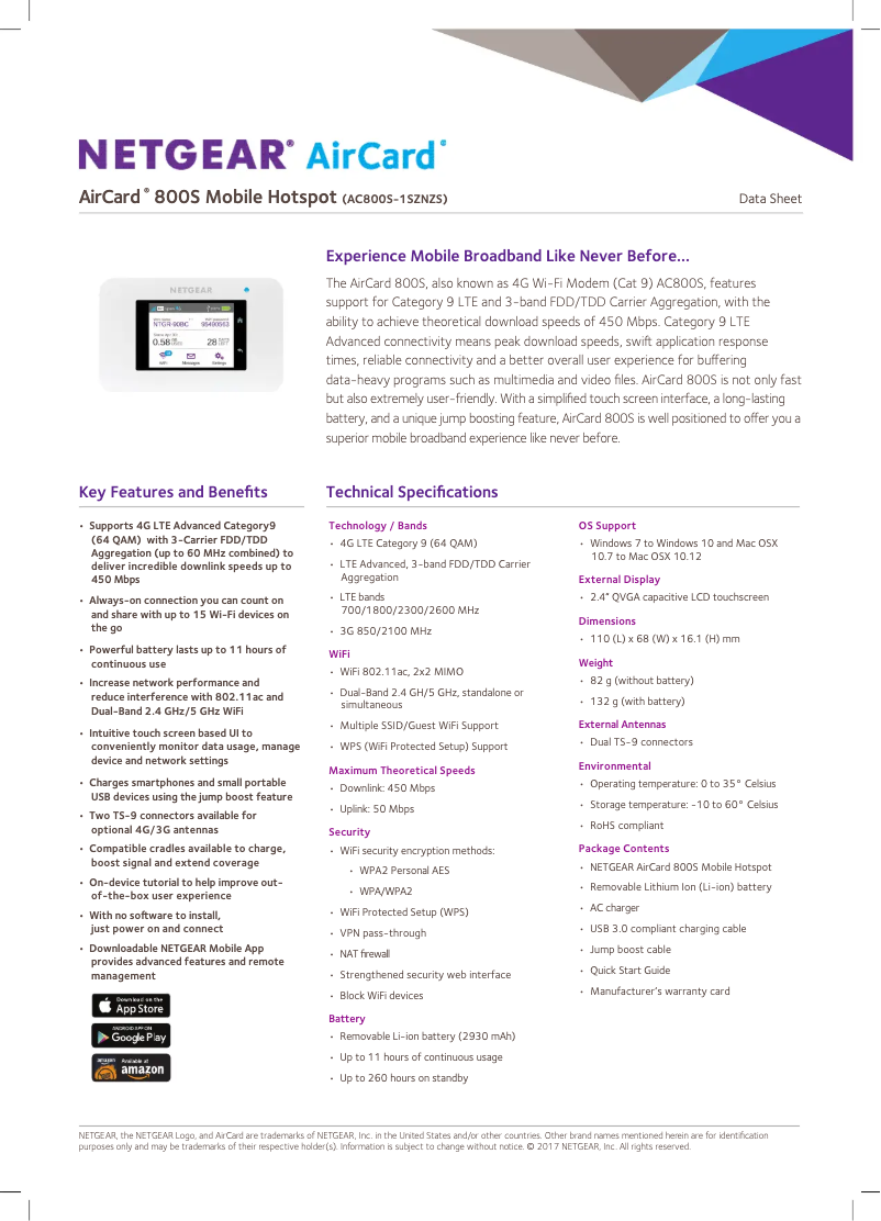 Page 1 of the manual Technical Sheet Netgear AirCard AC800S