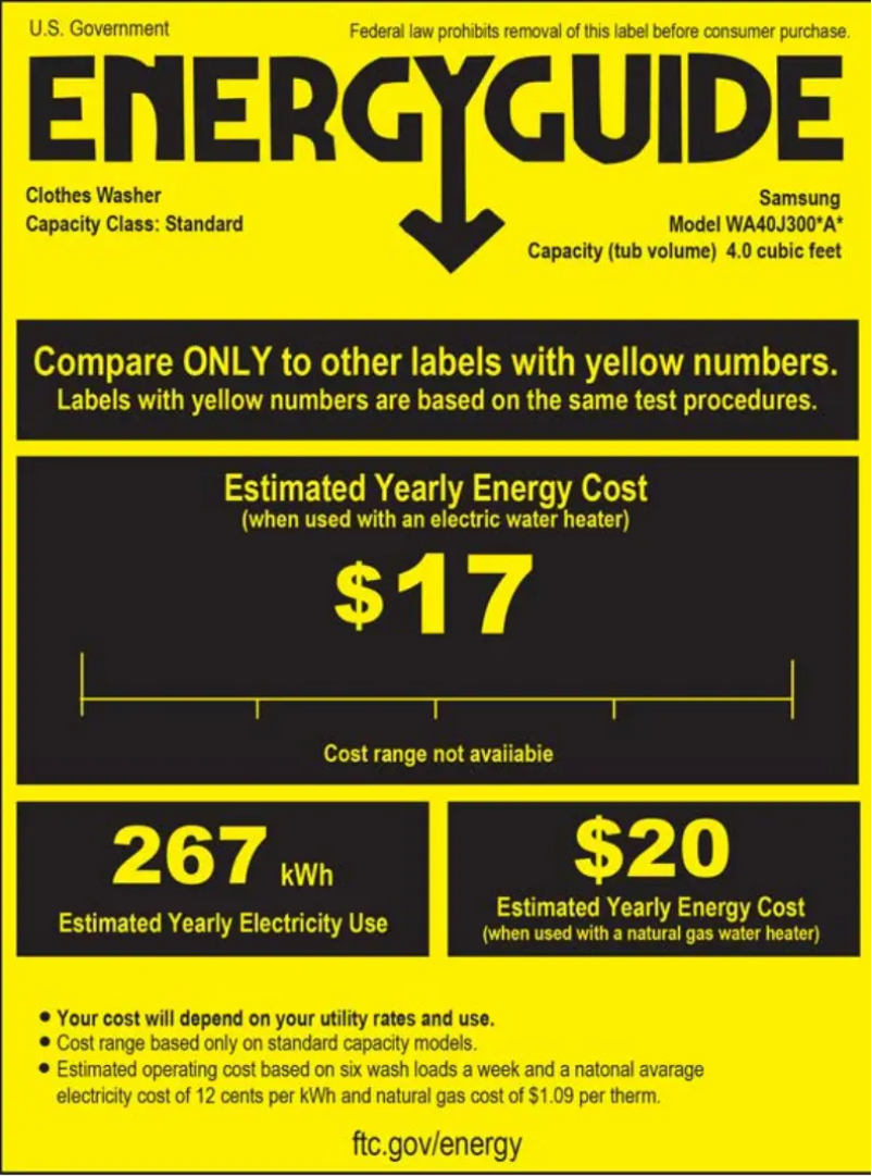 Page 1 of the manual Energy Label Samsung WA40J3000AW