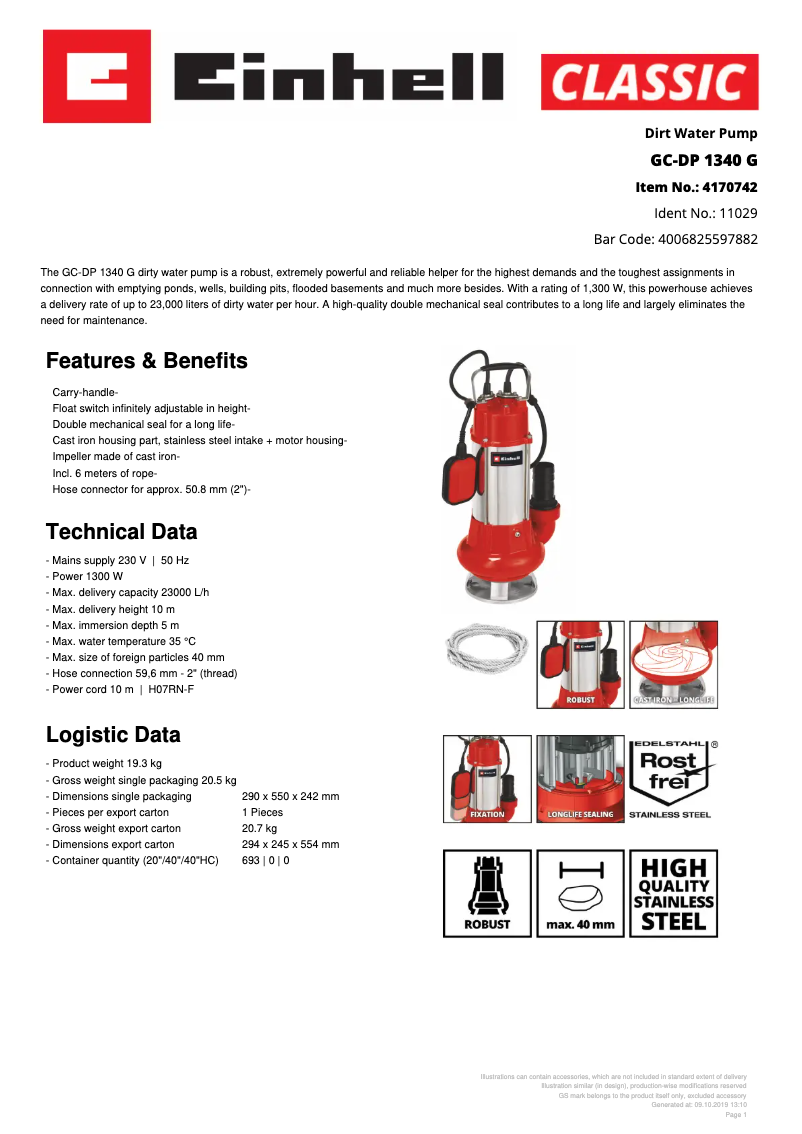 Page 1 of the manual Technical Sheet Einhell GC-DP 1340 G
