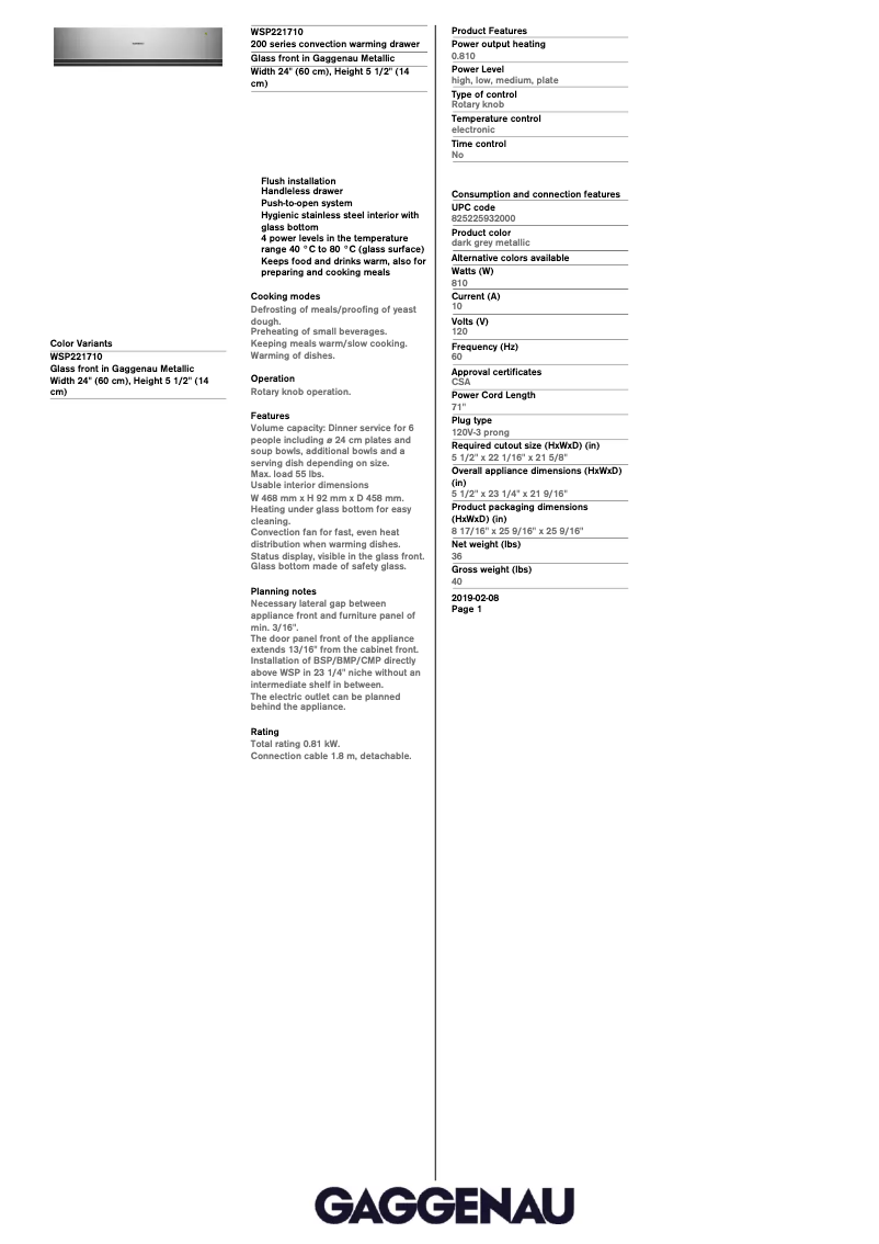 Page 1 de la notice Fiche technique Gaggenau WSP221710