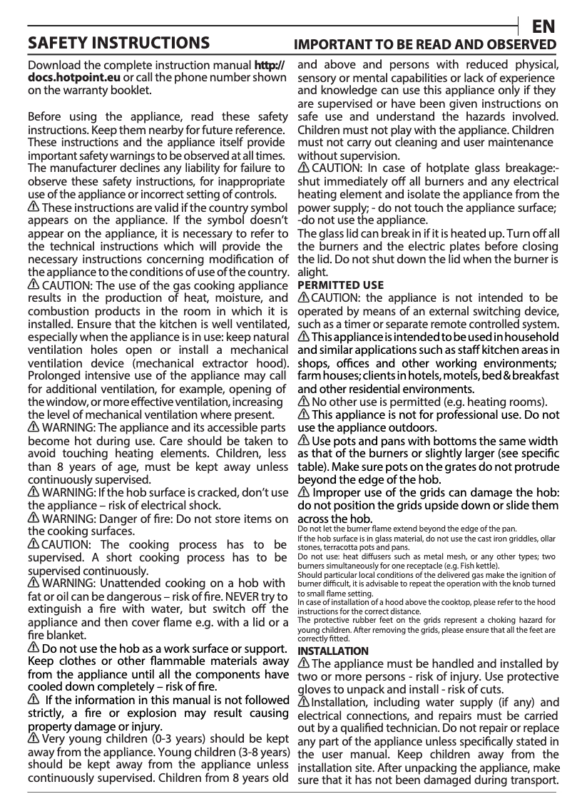 Page 1 of the manual Instructions / Assembly Hotpoint PPH 60P F IX UK