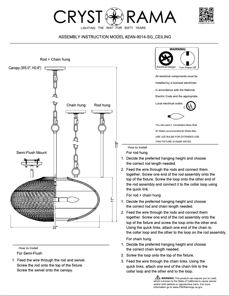 Page 1 of the manual User Manual Crystorama Zanzibar ZAN-9014-SG_CEILING
