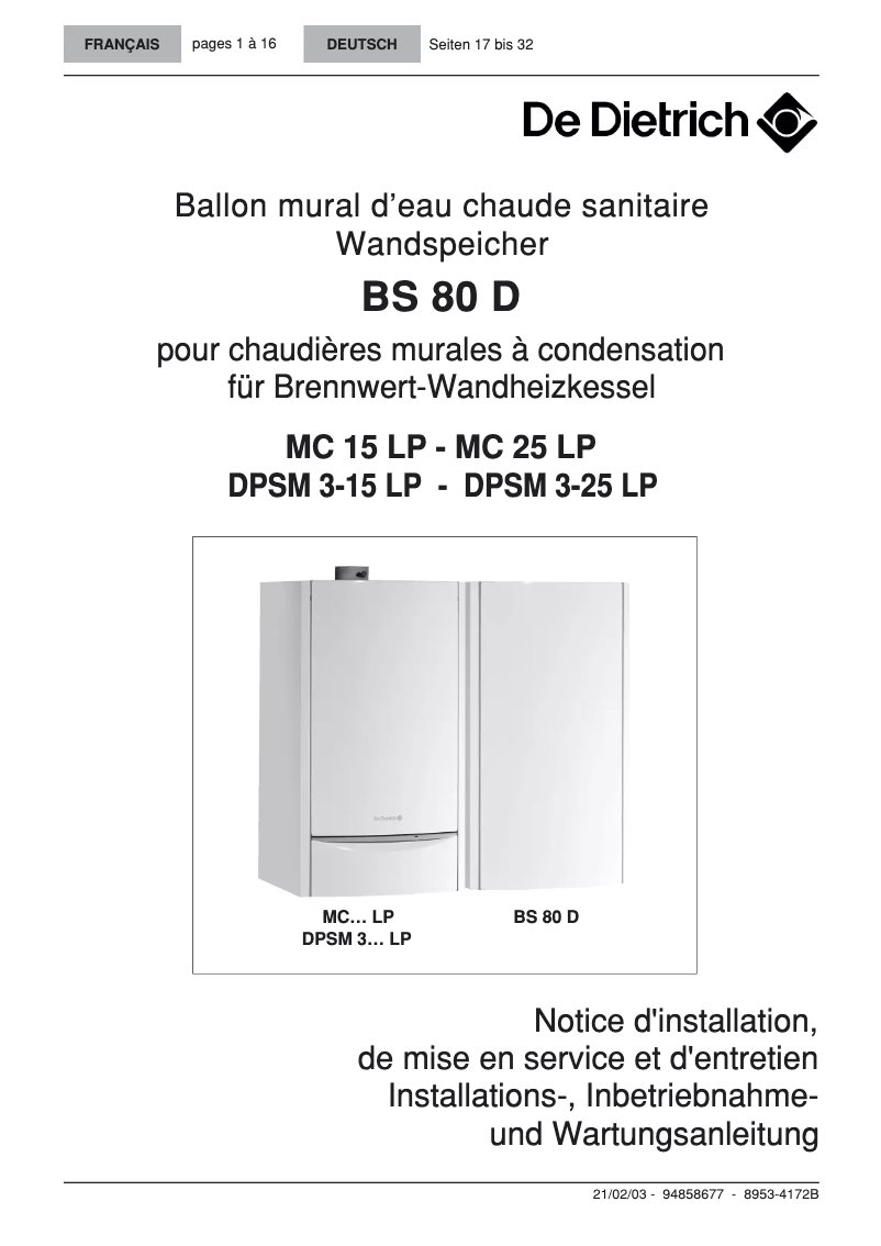 Page 1 of the manual User Manual De Dietrich BS 80 D