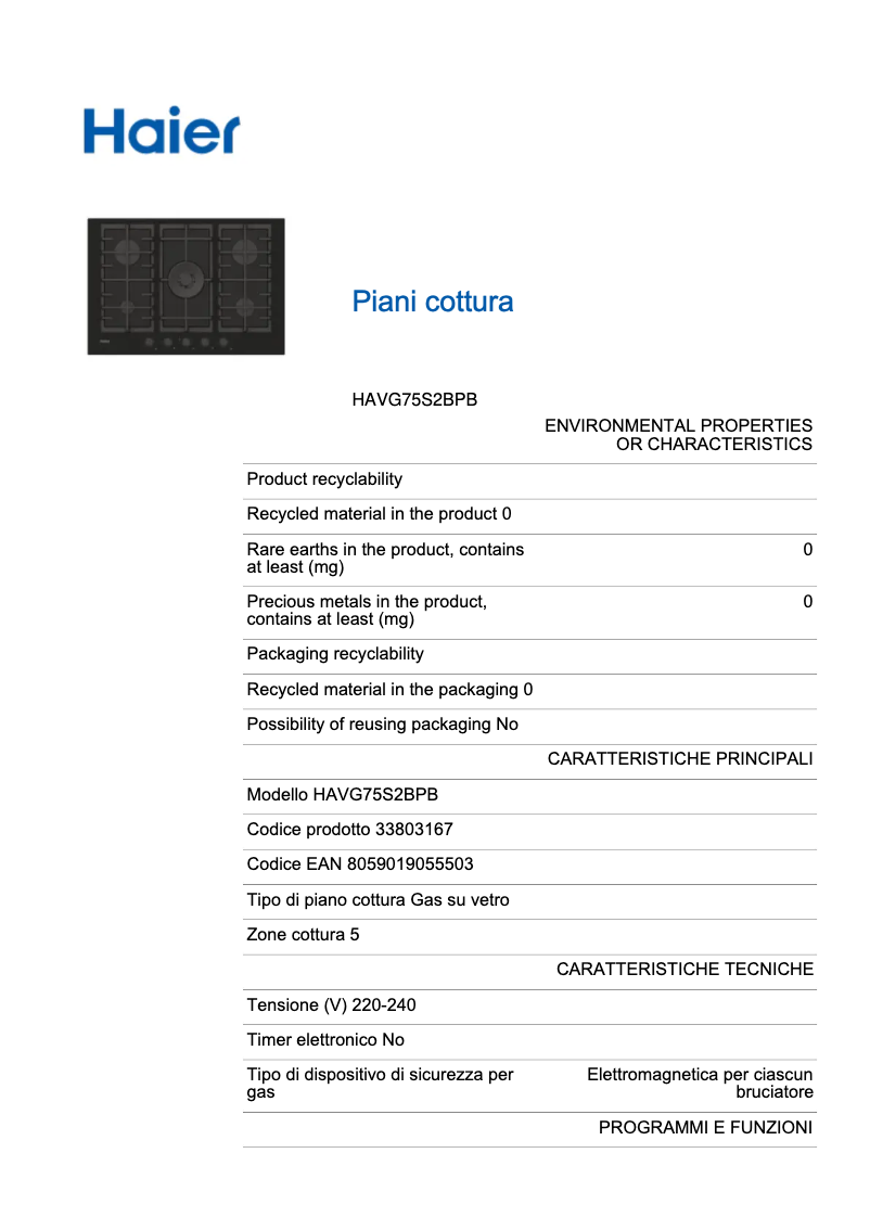 First page image of the manual for HAVG75S2BPB