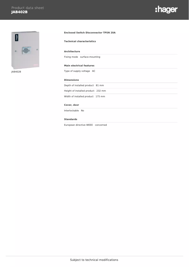 First page image of the manual for JAB402B