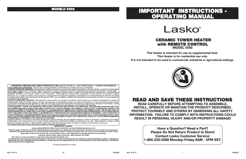 Page 1 of the manual User Manual Lasko Touch Control Ceramic 5592