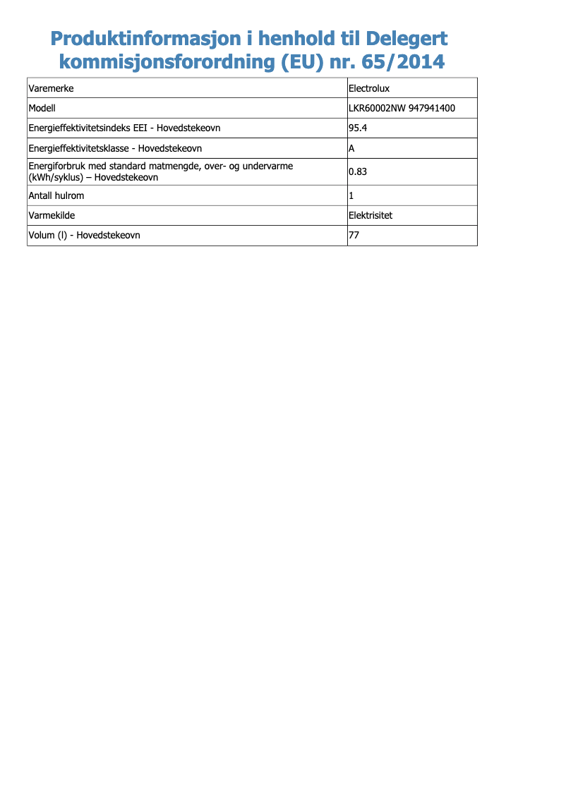 Page 1 of the manual Technical Sheet Electrolux LKR60002NW