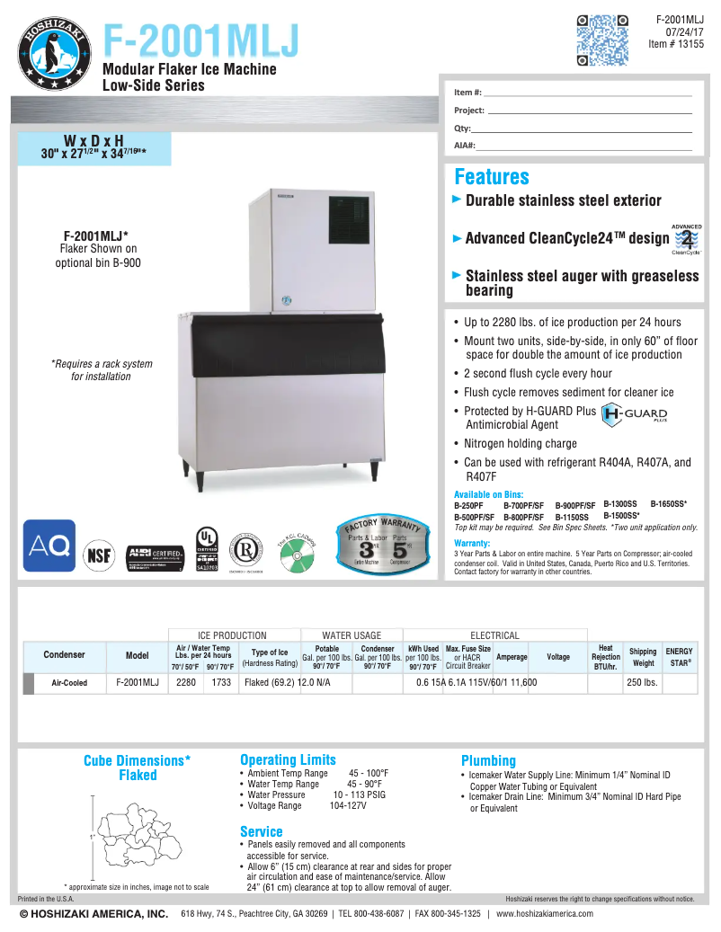Page 1 of the manual Technical Sheet Hoshizaki F-2001MLJ