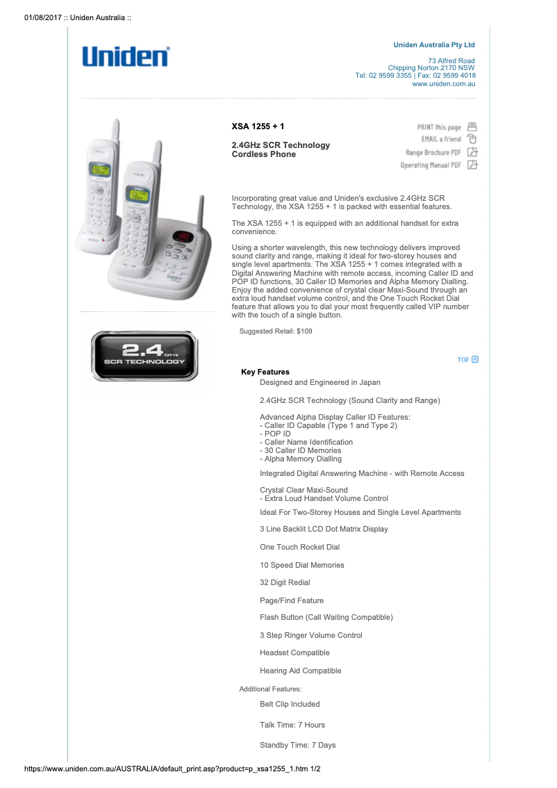 Page 1 of the manual Technical Sheet Uniden XSA 1255