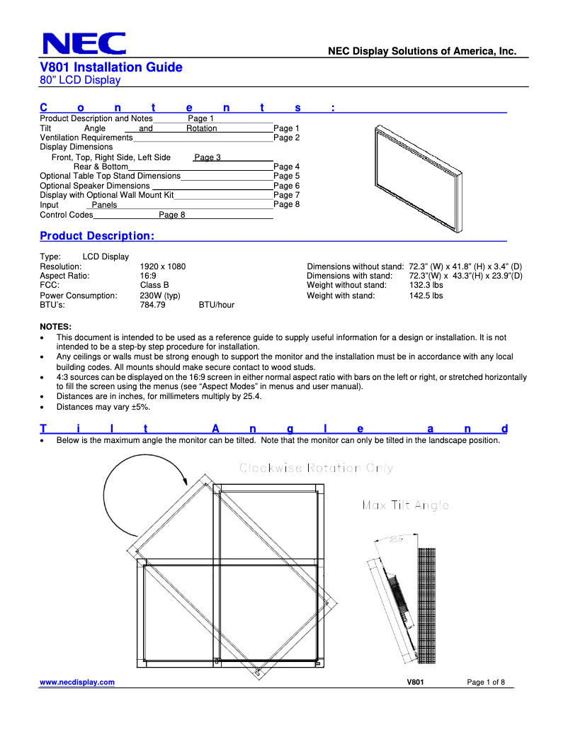 First page image of the manual for MultiSync V801-AVT