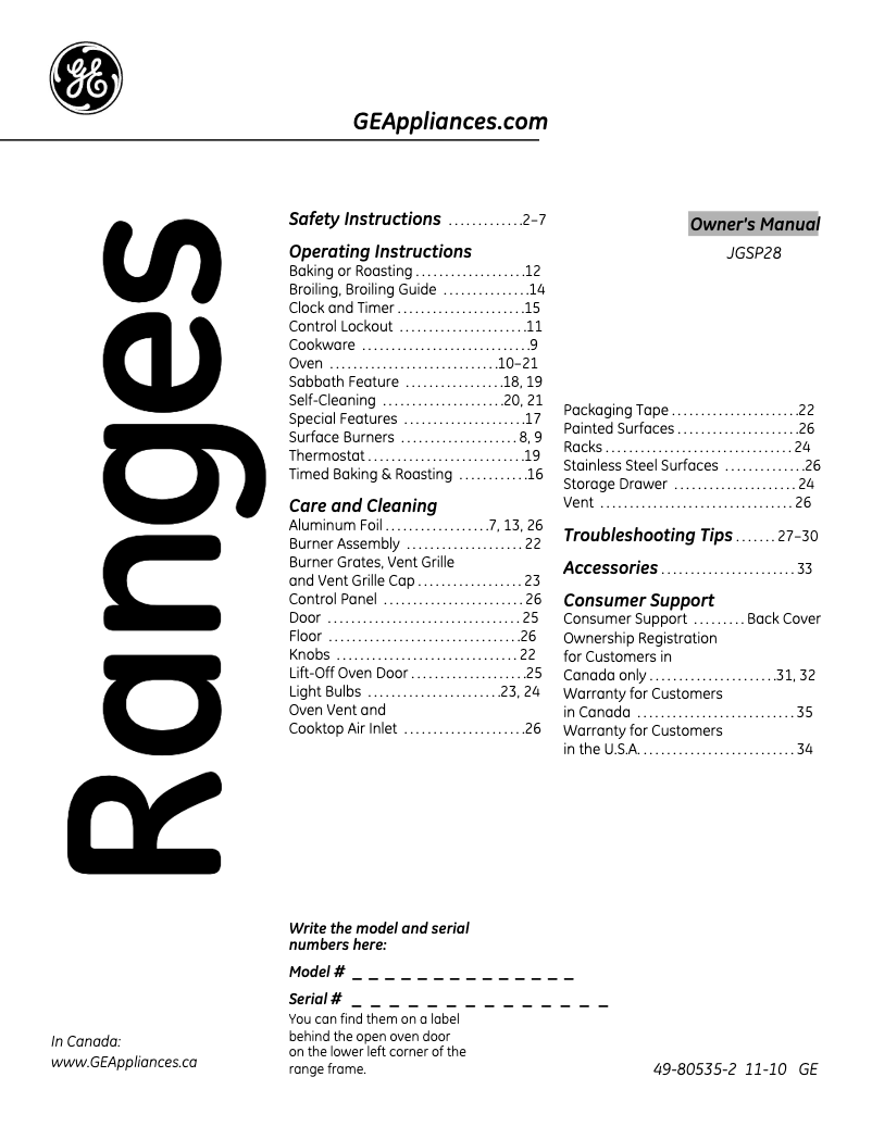 Page 1 of the manual Use and Maintenance Manual GE JGSP28DENCC