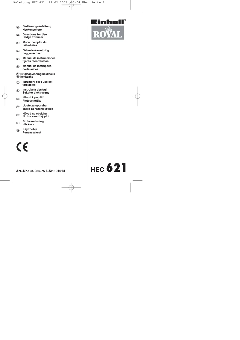 First page image of the manual for Royal HEC 621