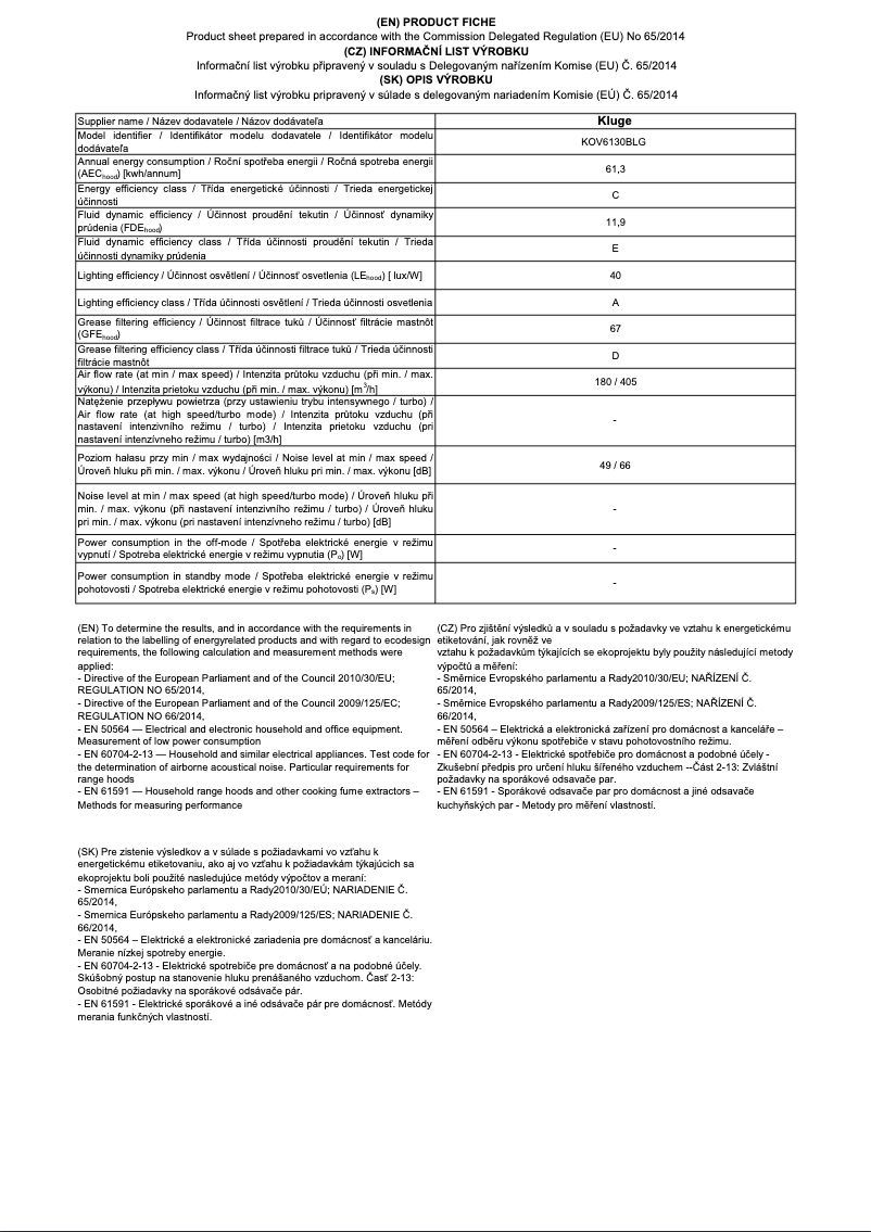 Page 1 of the manual Technical Sheet Kluge KOV6130BLG