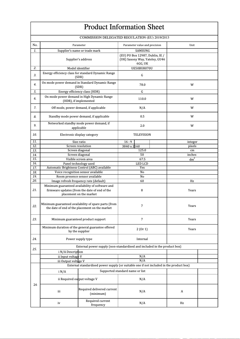 Page 1 of the manual Technical Sheet Samsung UE50BU8070