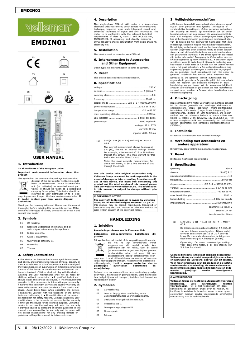 Page 1 of the manual Technical Sheet Velleman EMDIN01