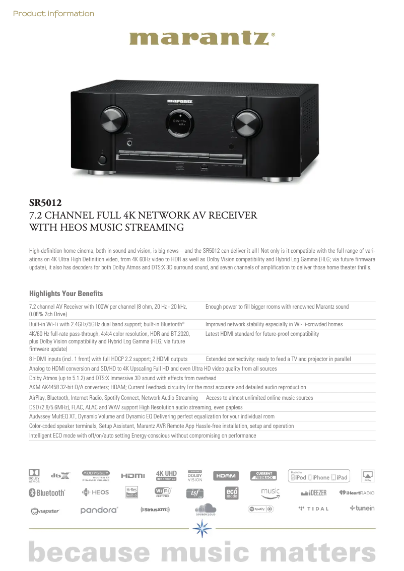 Page 1 of the manual Technical Sheet Marantz SR5012