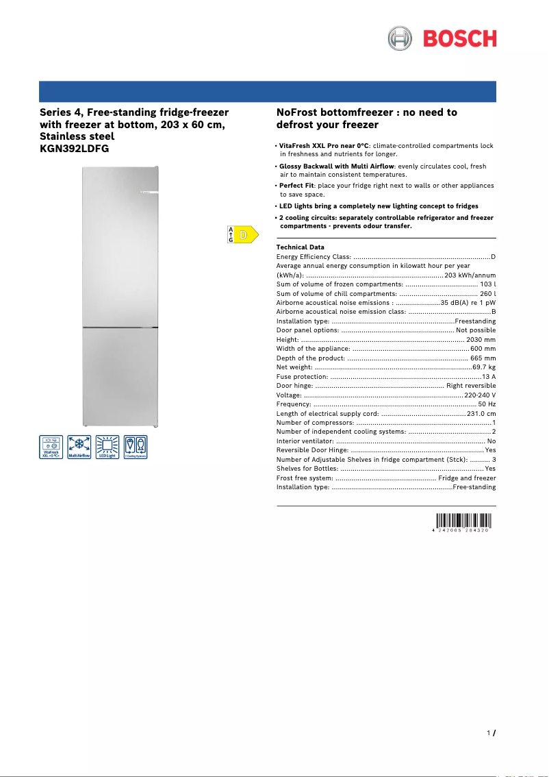 Page 1 of the manual Technical Sheet Bosch KGN392LDFG