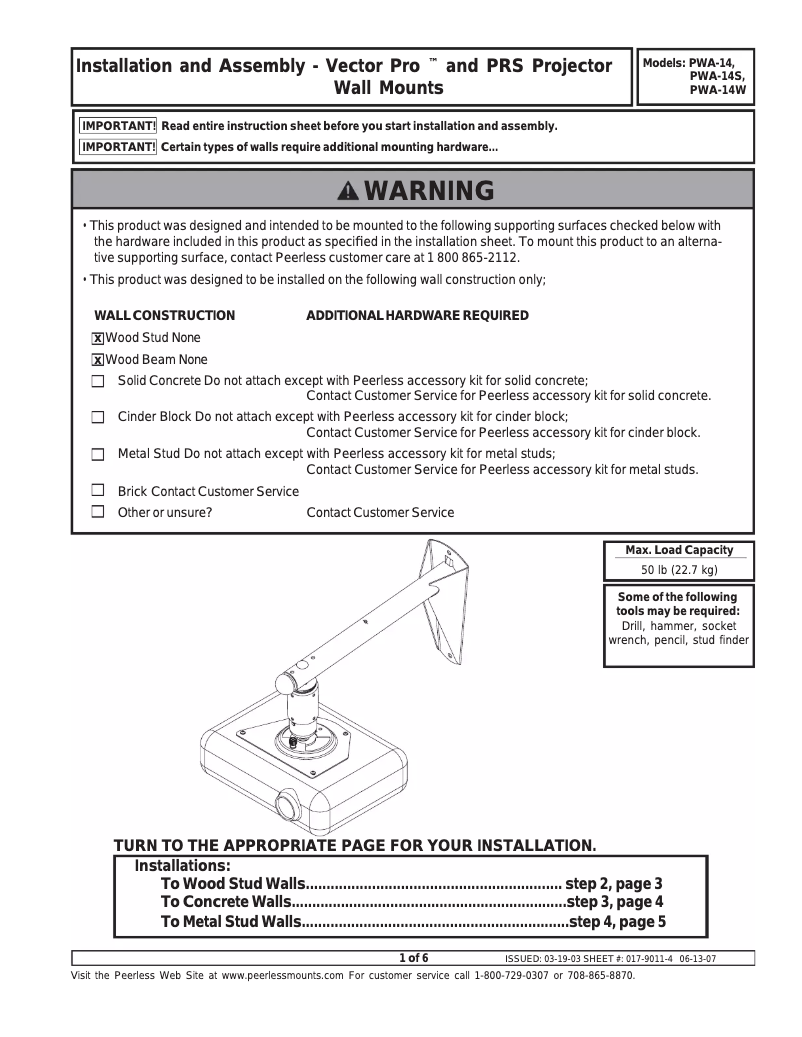 Page 1 of the manual User Manual Peerless-AV PWA-14S
