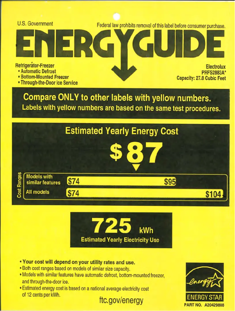 Page 1 of the manual Energy Label Frigidaire PRFS2883AF