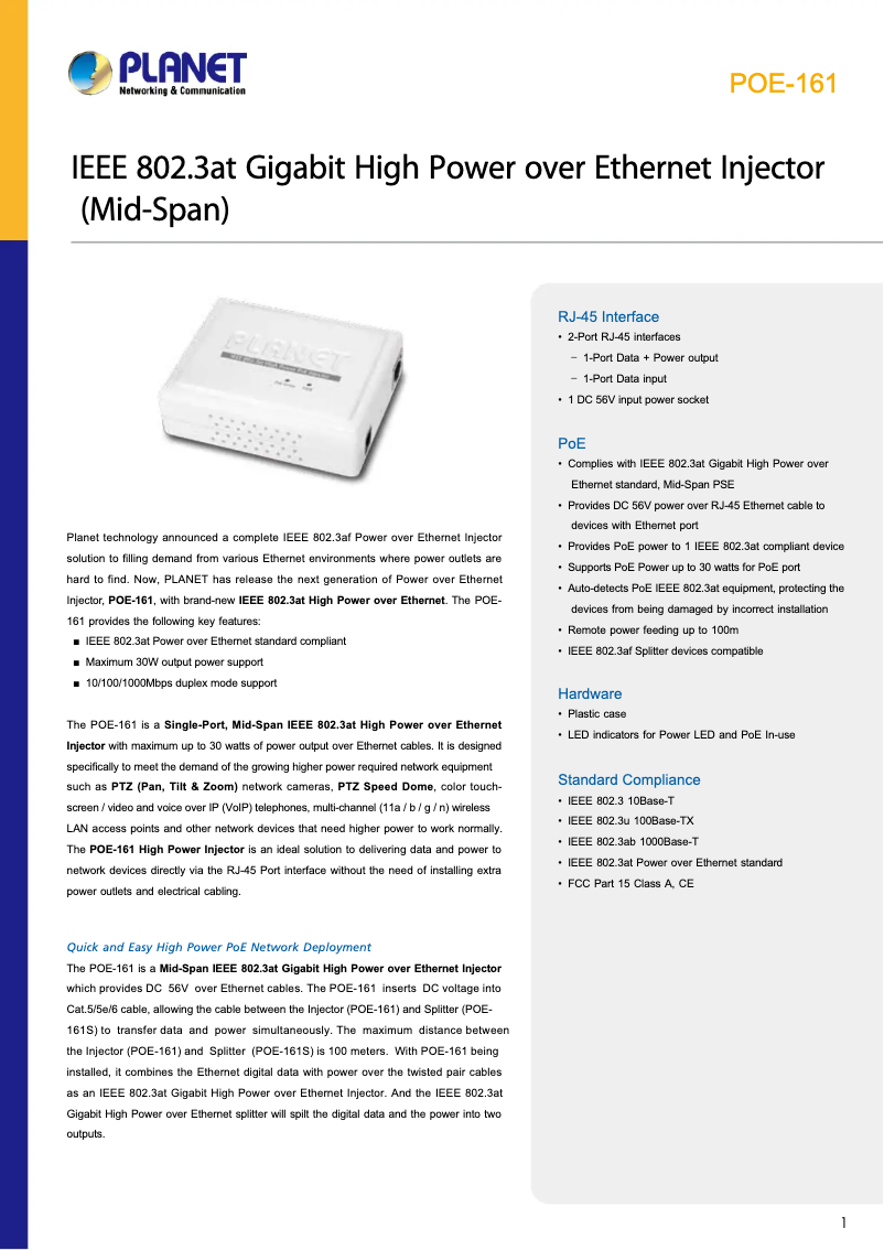 Page 1 of the manual Technical Sheet Planet POE-161