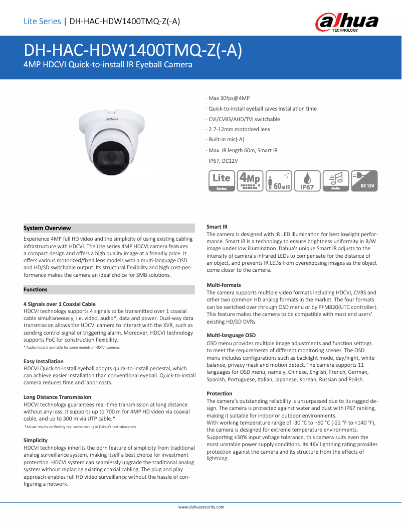 Image de la première page du manuel de l'appareil HAC-HDW1400TMQ-Z-A