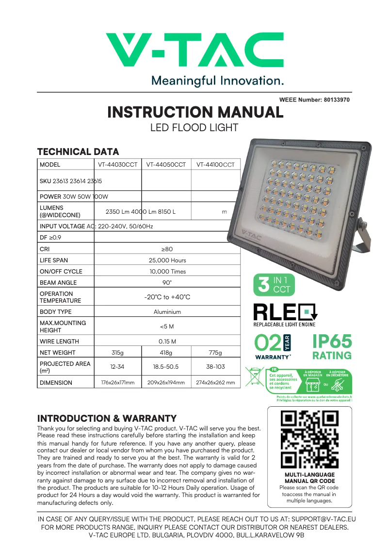 Page 1 of the manual User Manual V-TAC VT-44030CCT