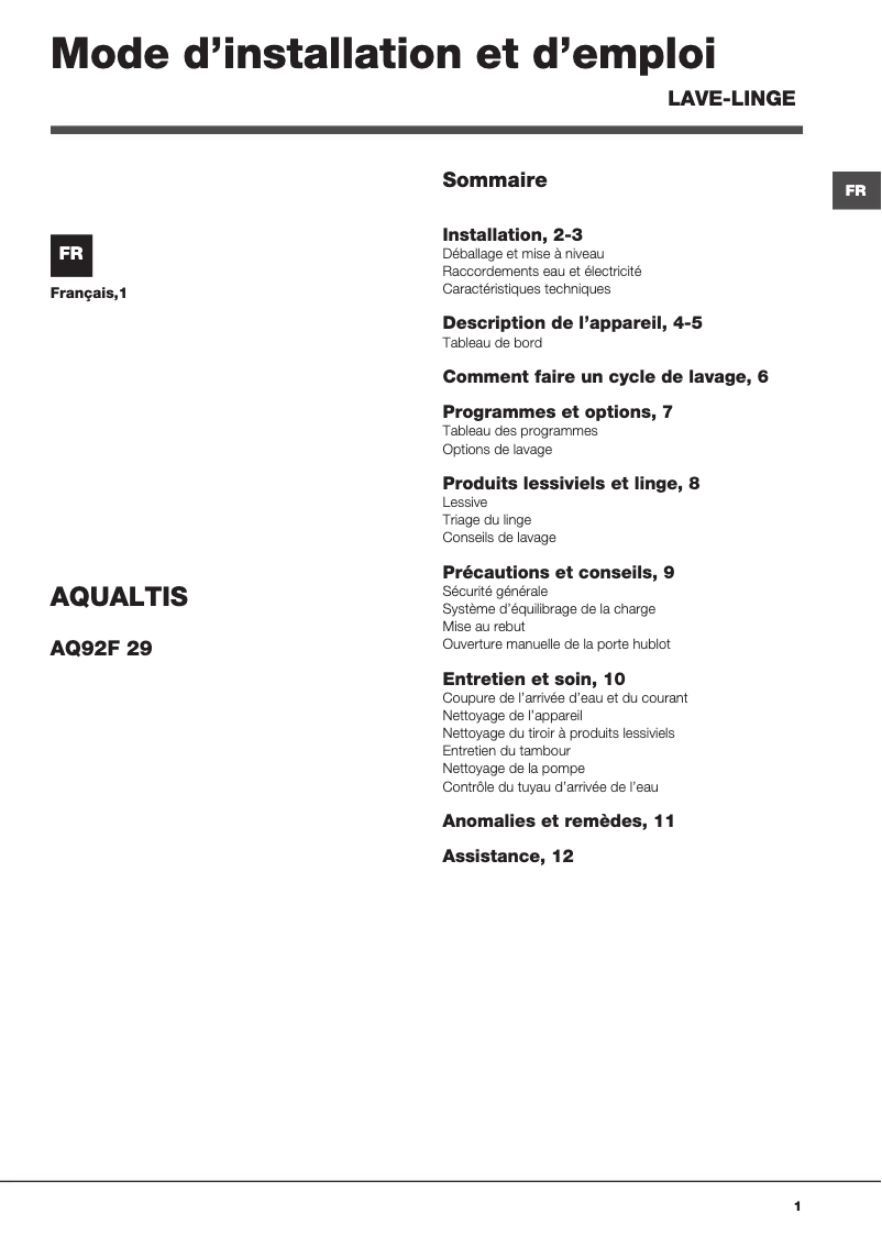 First page image of the manual for AQ92F 29