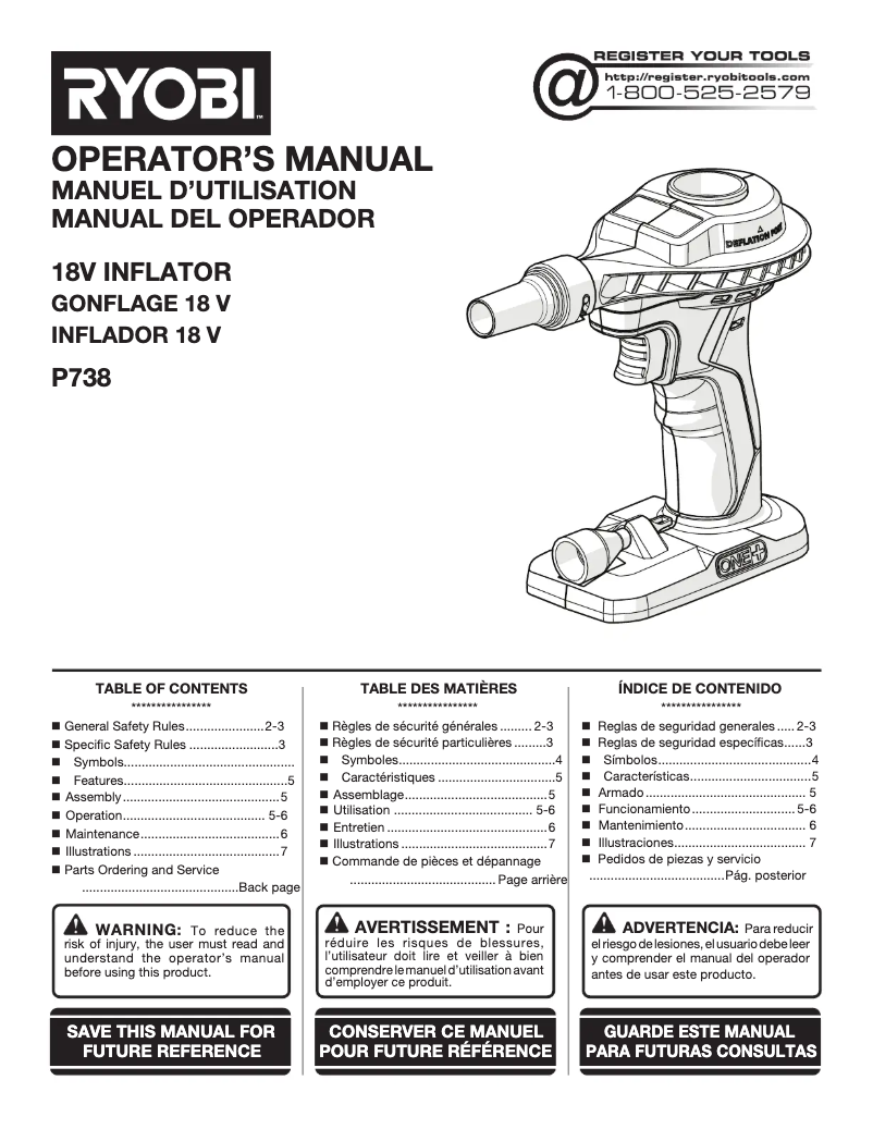 Page 1 of the manual User Manual RYOBI P738