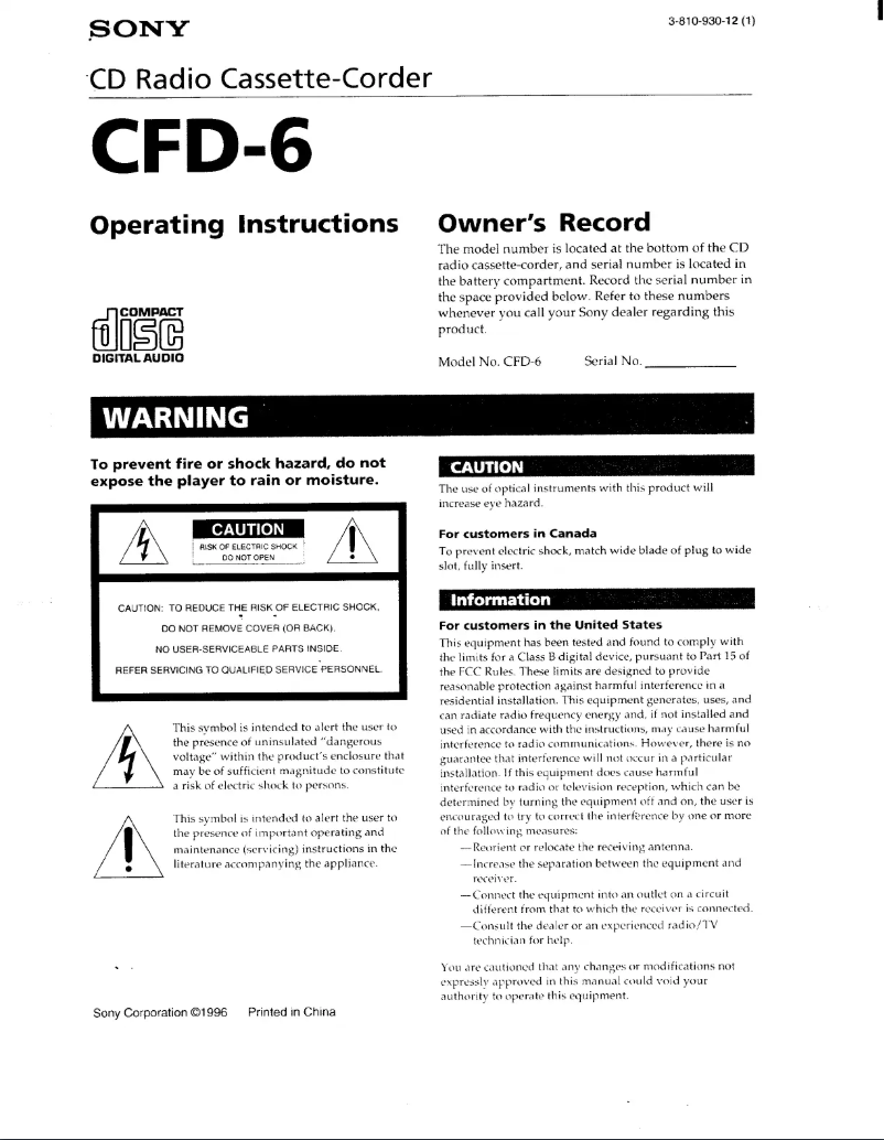 Page 1 of the manual User Manual Sony CFD-6