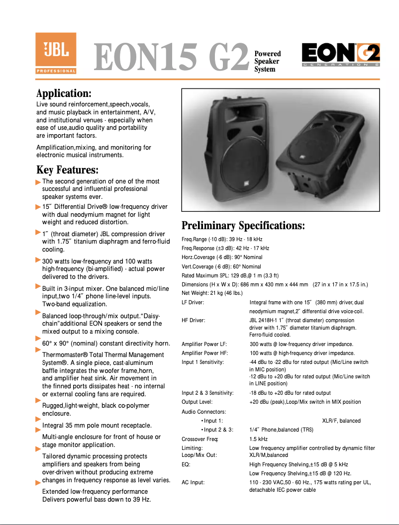 Page 1 of the manual Technical Sheet JBL EON15 G2