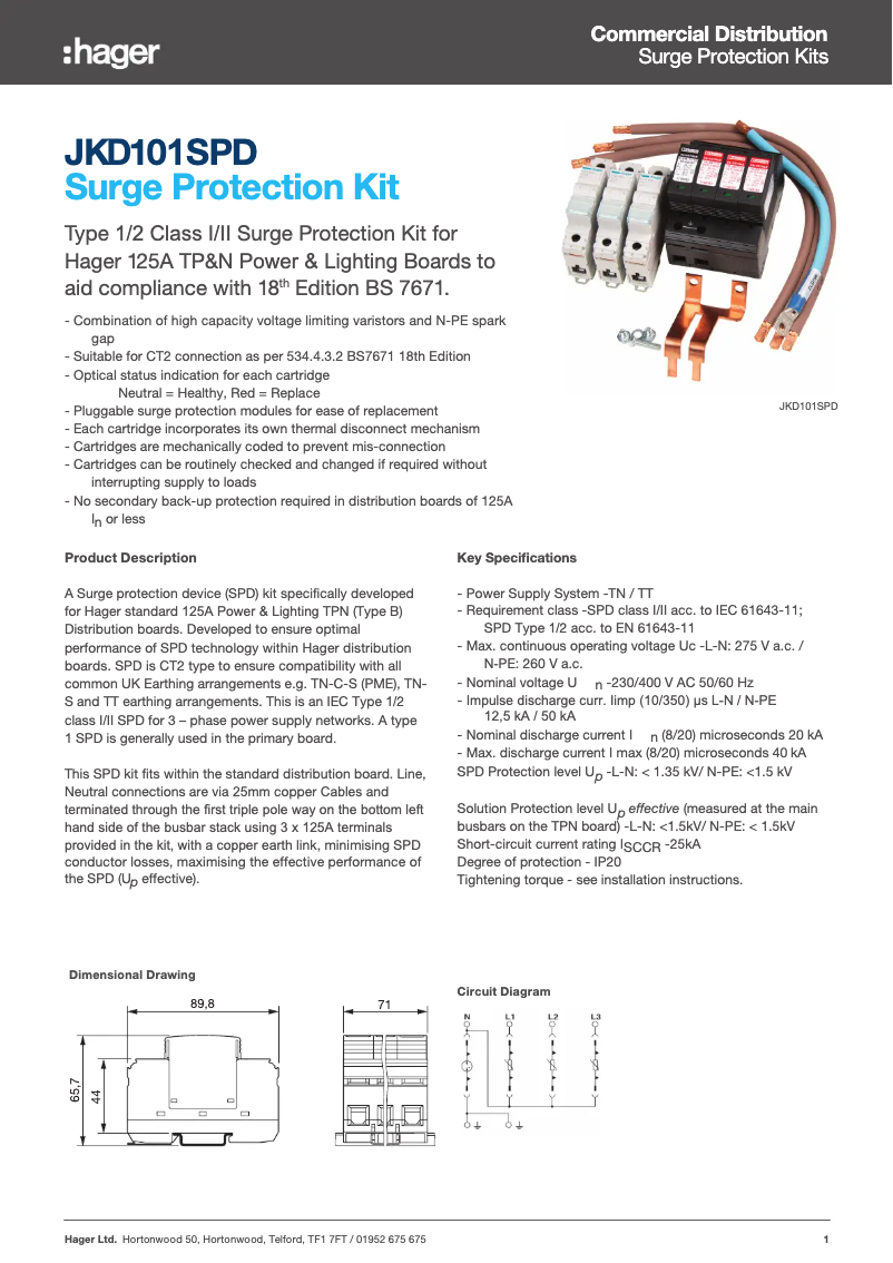 Page 1 of the manual Technical Sheet Hager JKD101SPD