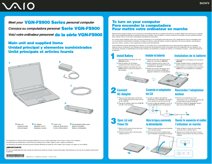 First page image of the manual for Vaio VGN-FS985FP