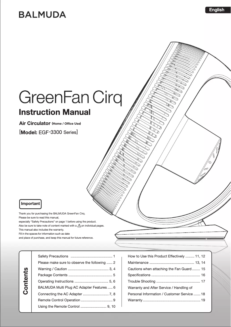 Page 1 of the manual User Manual Balmuda The GreenFan EGF-1700