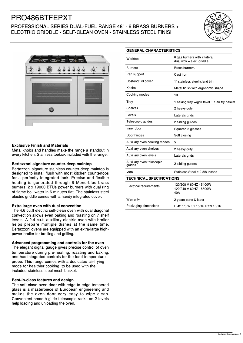 Page 1 of the manual Technical Sheet Bertazzoni PRO486BTFEPXT